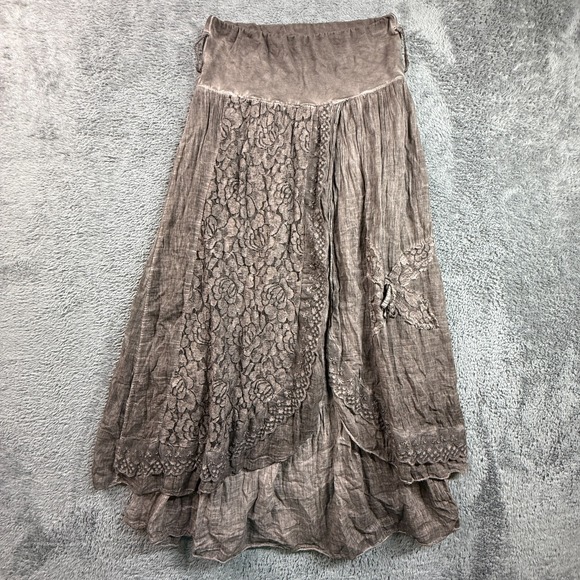 M Made In Italy Dresses & Skirts - Boho Fairy Maxi Skirt Made in Italy Lace Embroidery Crinkle Cotton Taupe S/M